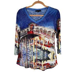 Colorful Venice Scene Top Blue M Italy Whimsical Classic Preppy Resort Travel